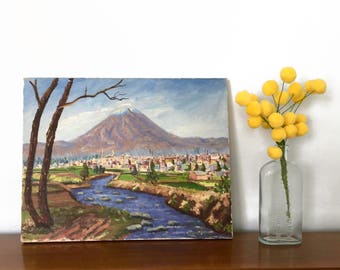 Vintage Oil on Canvas Landscape Painting Original Artist Signed Wall Art Mountain Town Vintage Art Signed Painting Vintage Oil Painting