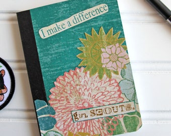 Green Girl Scout Mini Journal with Flowers, Altered Composition Book, Pocket Notebook, Stories of Troop Adventures, I Make a Difference