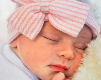 First Bow Newborn Hospital Hat Pink Cutie Bow(newborn girl hat, newborn beanie, newborn hospital hat with bow, first bow)