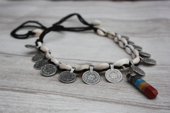 RAINBOW CHAKRA CHOKER - 7 Chakras- Necklace- Hippie- Crystal Necklace- Choker- Shell- Festival- Rainbow Jewelry- Coin Necklace- Vintage