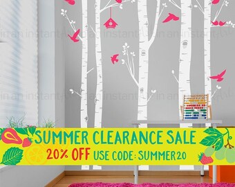 Birch Tree Wall Decal | Five Birch Trees with Birds and Hanging Birdhouse | Baby Nursery, Children's Room, Living Space Interior Design 055