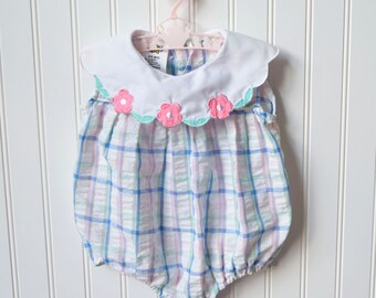 Vintage Baby Girls Romper, 3-6 Month Bubble, Appliqué Blue Green White & Pink Daisies, Plaid Seersucker, Cuties by Judy, Reborn Doll Clothes