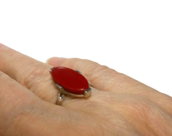 FREE SHIPPING Sarah Coventry ring, red oval adjustable cocktail ring, silver tone shank, 1970s art deco revival