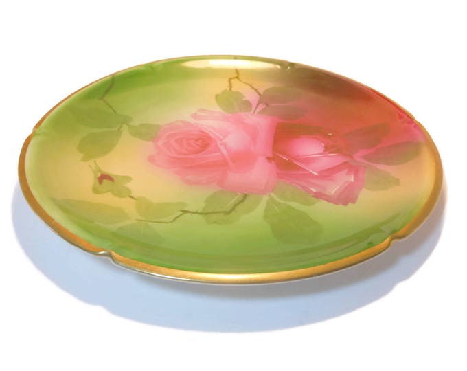 Pink rose plate, signed Imperial Austria Peinture A La Main and Imperial PSL Alma, signed De Fries, green background gold rimmed, c. 1910