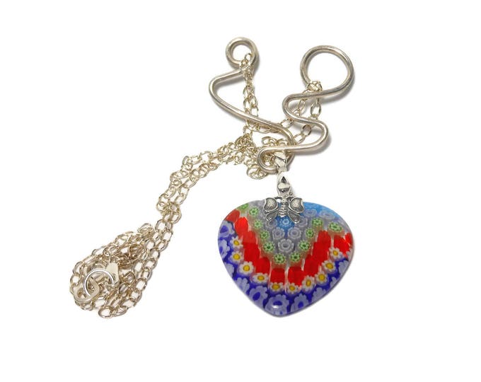 FREE SHIPPING Millefiori glass pendant, red heart, butterfly bail, Avant garde style sterling silver, hammered infinity clasp, handmade