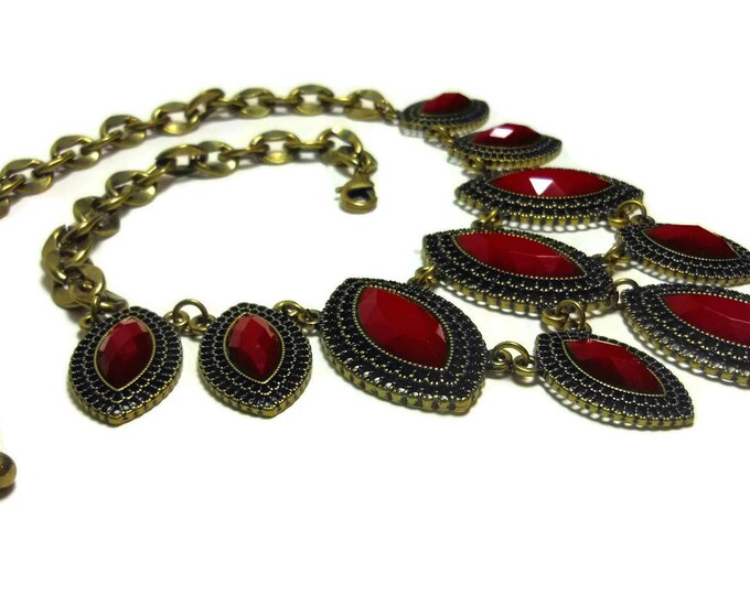 Red bib necklace, ruby red necklace, marquise cut cabochons, lucite red beads, gold chain, filigree frames, Dynasty Show Girl Drag runway