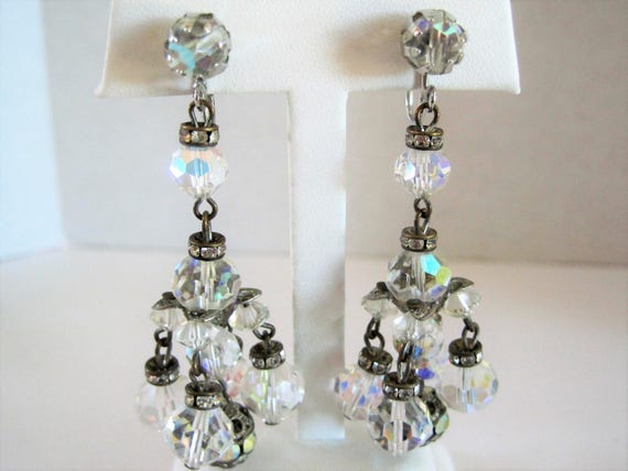 Crystal Earrings - Faceted Chandelier Dangles - Elegant Social Occasion Earrings - Mid Century Crystals