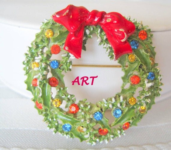 ART Signed Christmas Wreath - Holiday Brooch - Signed ART - Enamel Rhinestones