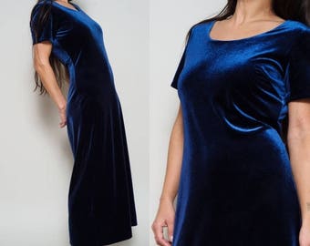July Sale SALE! 1990s Vintage LAURA ASHLEY Blue Velvet Plain Maxi. M