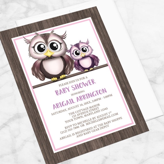 Owl Baby Shower Invitations Girl - Pink and Purple with Rustic Brown Wood - Adorable Cute Animal Owls - Printed Owl Invitations Il_570xn