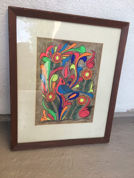 sale Vintage boho Mexican bark art birds floral theme wood