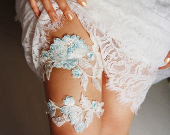 Wedding Garter Set Bridal Garter Belt - Ivory Blue Garter Lace Garters Belts - Keepsake Garter Toss Garter - Something Blue Wedding Gift