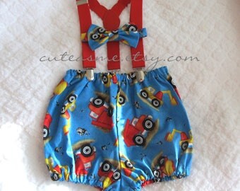 Cake Smash Outfit Boy Girl 1, 2, or 3 piece Construction Diaper Cover Bow Tie Suspenders First Birthday 1st Birthday Dump Trucks Photoshoot1