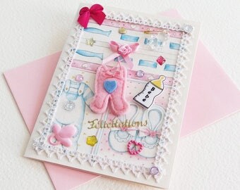 Carte Félicitations Naissance Bébé Fille ou Anniversaire Baptême Premier Age Fille - La Layette Rose - Création artiste, en pièce unique