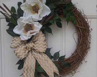 Cream Magnolia Grapevine Wreath with Chevron Ribbon