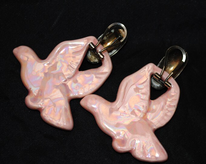 Pink bird earrings, - shiny pink ceramic -drop dangle clip on earrings