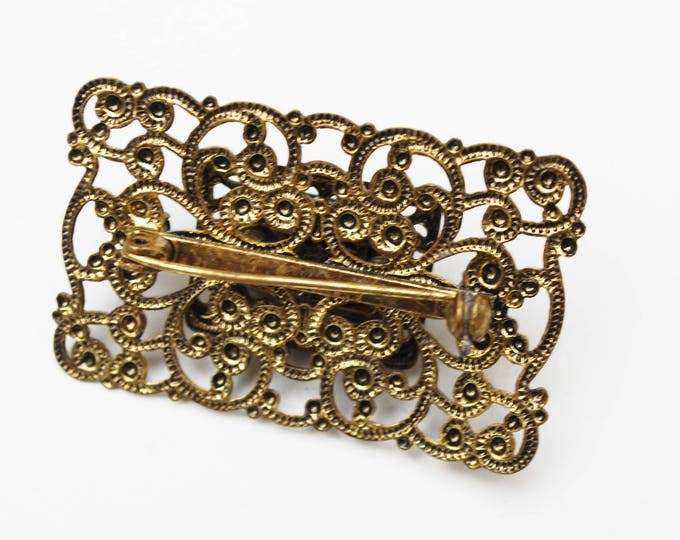 Black Glass Brass Brooch - rectangle gold filigree - mourning pin