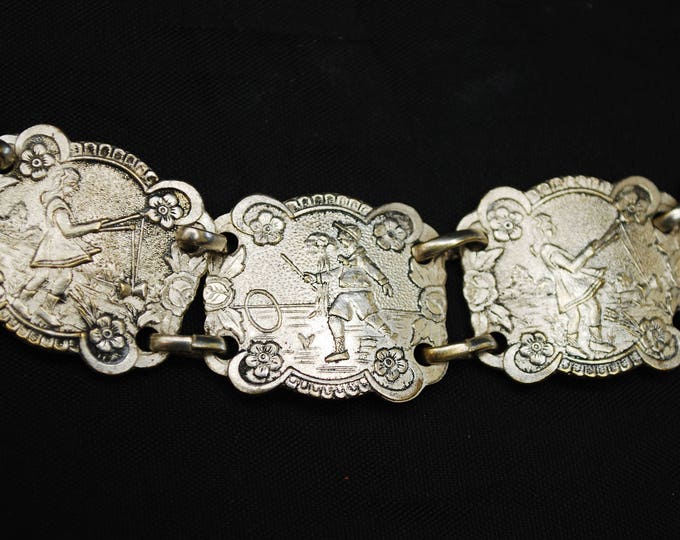 Small Silver Panel bracelet - Made in Spain - children playing - Scottie dog story telling bracelet