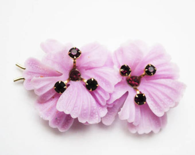 Purple flower Hair Clip- Barrette - Vintage Plastic - Rhinestone floral hair pin