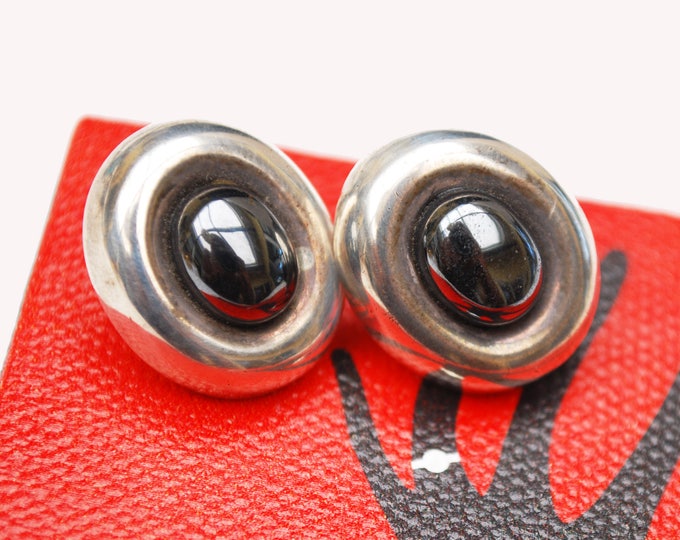 Sterling Hemitie Earrings - marked Barra - Boho - Silver grey gemstone - pierced Stud earrings - modern