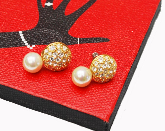 Rhinestone Pearl earrings - signed Roman - Clear crystal - White - Gold - Pirced earring