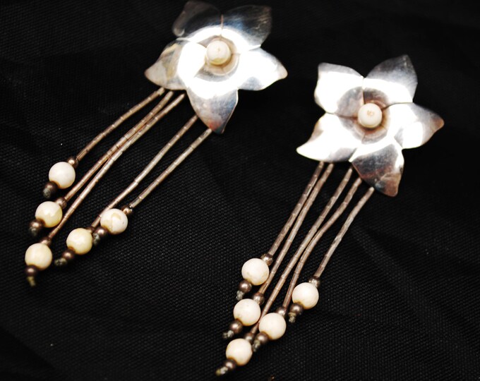 Sterling Star flower Dangle earrings - Signed Jezlaine - White beads - Pierced drop earrings