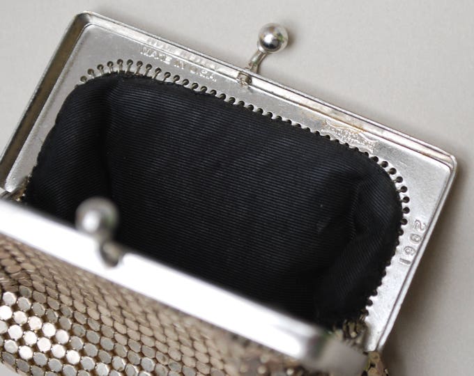 Silver Mesh Change Purse -Whiting and Davis signed - small silver metal clutch - coin pouch