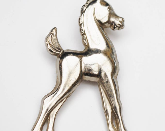 Silver Horse Brooch - silver tone pony - Equestrian pin