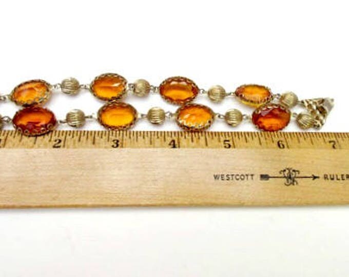 Orange Glass Stone link bracelet - Pegasus Coro Signed - Amber yellow crystal Gold metal - mid century Bangle