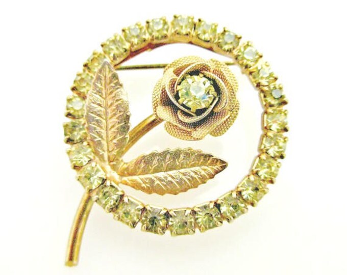 flower Rose Brooch - Yellow Rhinestone gold - mid century - Circle pin