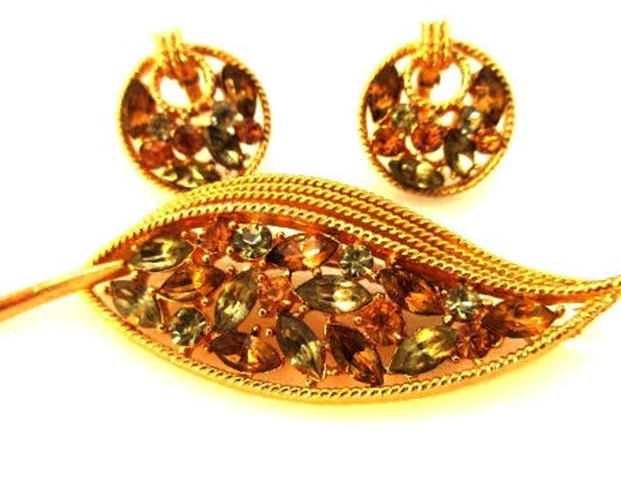 Rhinestone Brooch and earrings set - gold leaf - brown green rhinestone - Autumn Earth tone -Mid Century