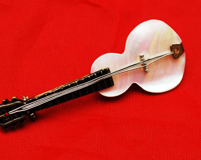 Guitar Brooch - Mother Of pearl - Signed Japan - white MOP - black enameling - gold brass - music Pin