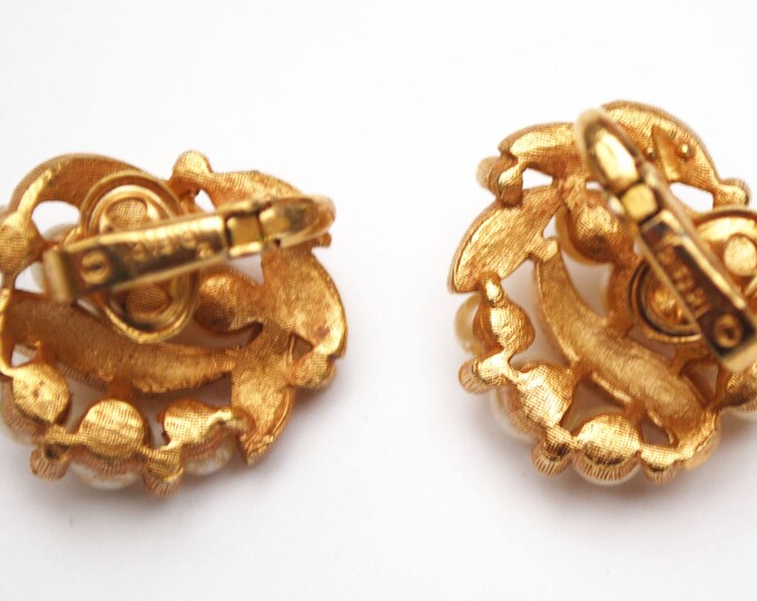 Crown Trifari Earrings - gold tone - White Pearl - rhinestone -Clip on earring