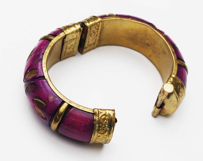 Purple Bone Brass Hinge bracelet - gold floral design - Boho chunky India bangle