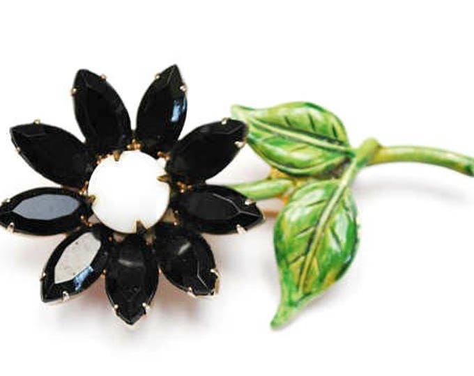 Rhinestone Flower Brooch - white milk glass black facet crystals petals - green enamel Floral pin