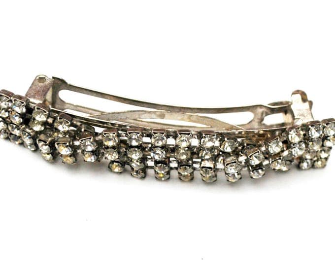 Rhinestone Barrette Hair clip - Signed Made in France - Clear crystal silver