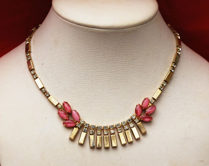 Rhinestone gold necklace - mid century - collar choker Bib - Pink glass moonstone