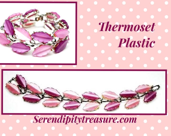 Purple Pink Thermoset leaf Link Bracelet - Vintage Moonglow Lucite Plastic - Silver tone - Mid Century - Gift for her