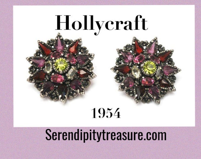 Rhinestone Flower Earrings - Clip on earrings -1954 Hollycraft - purple Green floral