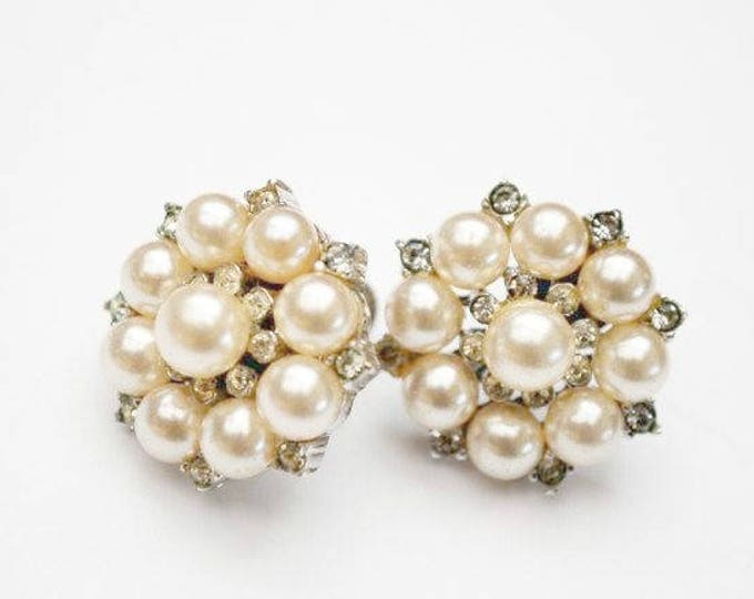 Sterling Pearl Earrings - Rhinestone - screw back earrings -white bead - wedding Bride