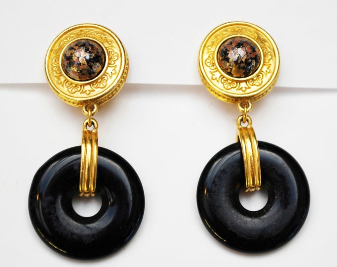 Liz claiborne Earrings -dangle drop - black - Gold plated clip on earring