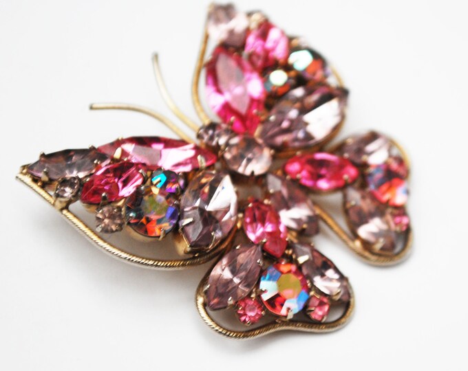 Pink Butterfly Brooch - Rhinestone -light and dark Pink crystal - Gold metal - flying insect Pin