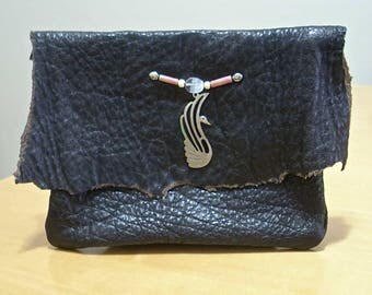 FREE SHIPPING! Black leather boho hip belt pouch with silver bird ornament