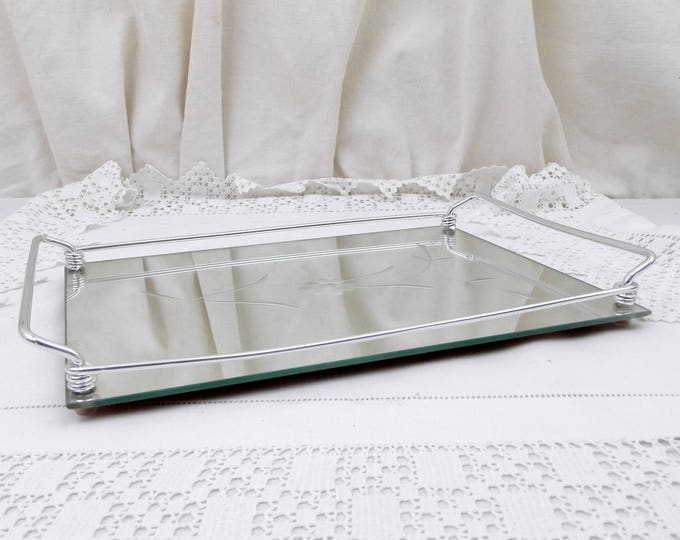 Vintage Mid Century 1960s / 1950s Glass Mirrored Tray with Metal Handles and Engraved Flower Pattern, Retro Mirrored Platter Retro Decor