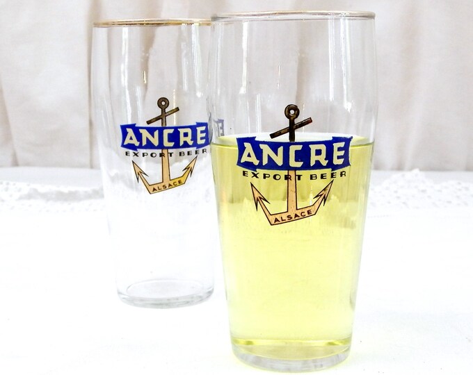 2 Vintage French Beer Glasses "Ancre Export Beer" From Alsace in Eastern France, Pair of 0.25 cl Glasses with Gold Rim and Anchor Motif