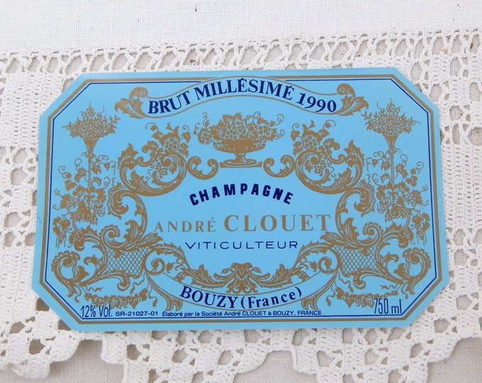 Vintage Unused Millésime 1990 Champagne Bottle Paper Label Andre Couet Bouzy, French Decor Item, Wine from France, Wedding