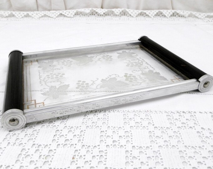 Antique Art Deco Glass Tray with Wooden Handles Gilt Banding and Decorated Vine Leaves and Grape Pattern, Retro Vanity Boudoir Accessory Antique Art Deco Glass Tray with Wooden Handles Gilt Banding and Decorated Vine Leaves and Grape Pattern, Retro Vanity Boudoir Accessory