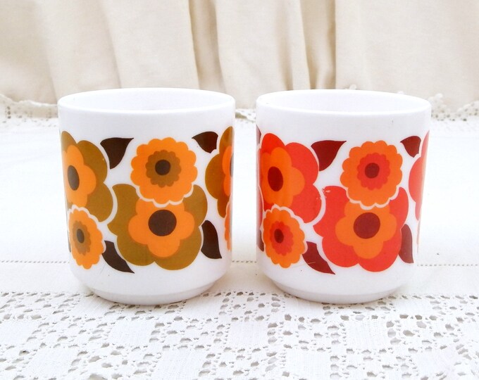 2 Vintage Arcopal Mid Century French White Milk Glass with Orange, Red and Green Retro Flower Pattern Coffee Mugs, Pair 1960s / 1970s Cups