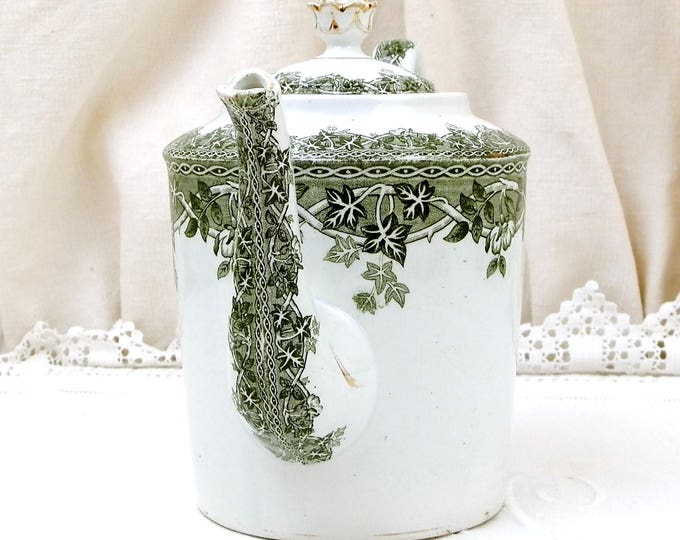 Antique French Victorian Ceramic Coffee Pot with Ivy and Wild Rose Pattern in Dark Green by Saint Amand et Hamage Estival, Pottery China Pot