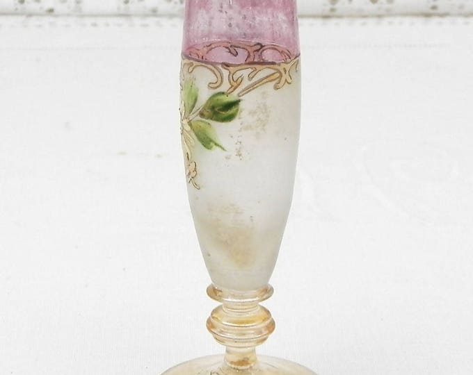 Small Antique Hand Painted Boheme Glass Posy Vase, Tiny French Art Nouveau Flower Bouquet Stem Foot Glass Vase with Painte Floral Pattern